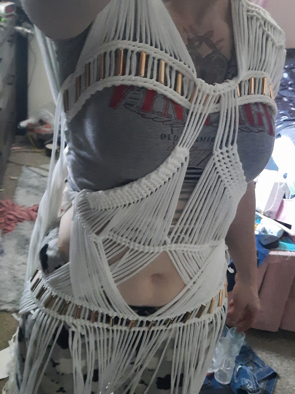 Boho White Macramé Swim Coverup with Gold Accents